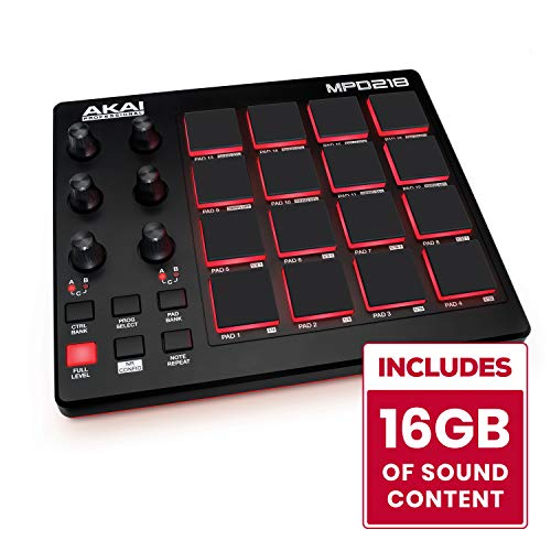 AKAI Professional MPD 218 - Controlador MIDI USB portátil con 16 pads MPC y potenciómetros para DAW, software Ableton Live Lite, Big Bang Cinematic Percussion y Universal Drums