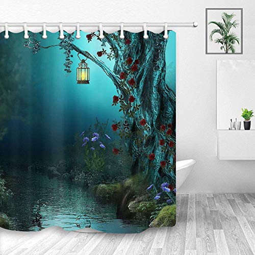 Aliyz Árbol de fantasía Cortina de Ducha Bosque mágico de Cuento de Hadas con Linterna y Flores Cortinas de Ducha Tela de poliéster Baño Cortina de baño con Ganchos, 71"X71 in