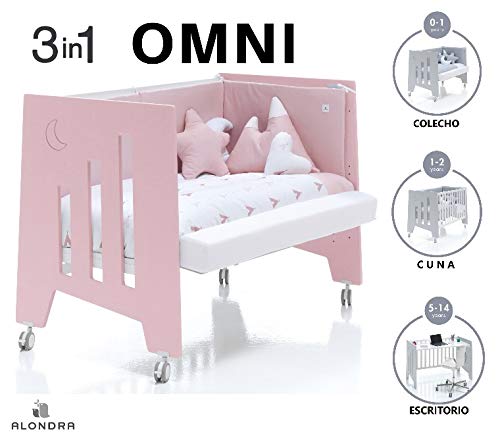 ALONDRA - Cuna bebé de COLECHO (3en1) OMNI Rosa 120x60 convertible en 3 etapas: cuna, colecho y escritorio, con 5 alturas de somier y ruedas C181-M7778, pack OMNI-K10 para niñas