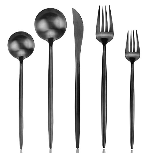 AOOSY Juego de cubiertos de 20 piezas, cubiertos de cocina de acero inoxidable, negro mate, vajilla, juego de vajilla con cuchillo, tenedor, juego de tenedor, ideal para acampar en casa (4 juegos)