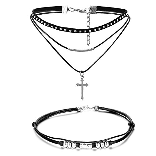 Aroncent Gargantilla de Cuero con Cuentas Remaches Colgante de Cruz Punk Rock Choker Collar Negro Ajustable de Multicapa Sexy Conjunto de Joyería Cuerpo para Mujer 2PCS