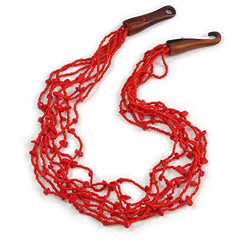 Avalaya Collar étnico multihebra de cristal rojo, collar de piedra semitreciosa con cierre de gancho de madera, 60 cm de largo