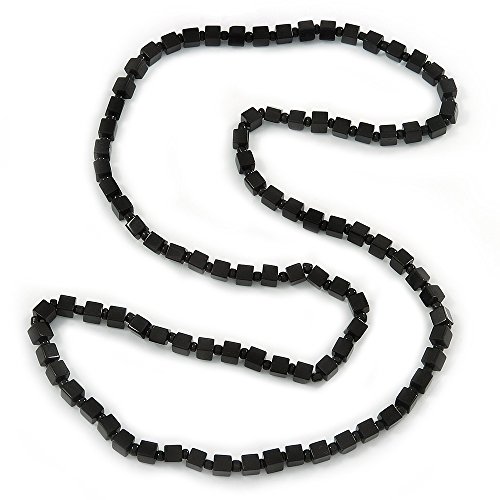Avalaya Collar largo de cuentas cuadradas de cristal negro – 88 cm de largo