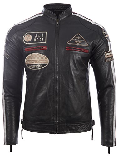 Aviatrix Chaqueta Biker De Cuero Autentico para Hombre con Cuello De Banda y Distintivos De Moto (CXUS)