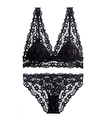 Awake Lingerie Amore Sexy Convertible Bralette de Encaje con Relleno y Bragas, Soft Lace Sujetador Cruzado sin Aro Halter Neck, Conjunto de Lencería para Mujer (Negro, Small)