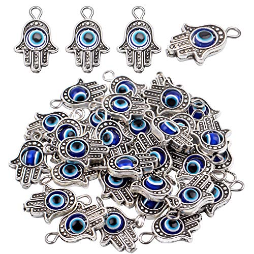 Aylifu 30 Piezas Hamsa Mano de Fatima Mal de Ojos Colgantes Joyas AccesoriosAntiguos para Hacer Collares Pulseras Manualidades,Plata