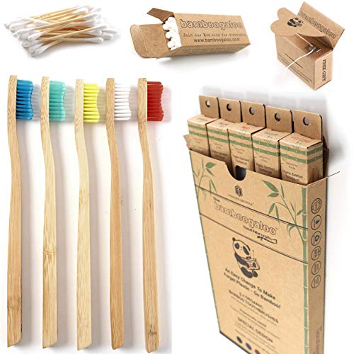 BAMBOOGALOO Cepillo de Dientes Orgánico Bambú x5 -Cepillos de Dientes de Bambú con GRATIS Bastoncillos de Bambú y Hilo Dental. Ecológico, Biodegradables y Sin Plástico Embalaje. Cerdas Medio/Firmes.