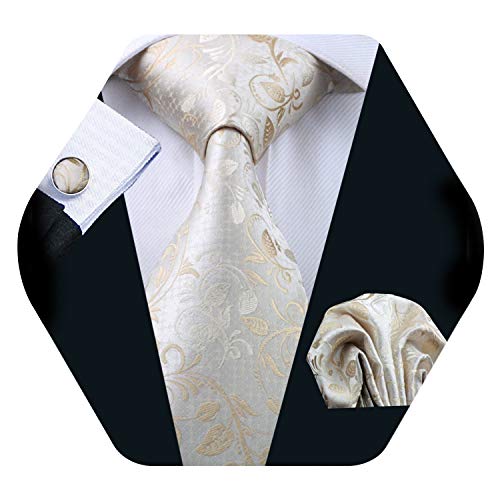 Barry.Wang Pañuelo de bolsillo de corbata de seda beige para hombre Conjunto de corbata de Paisley con gemelos