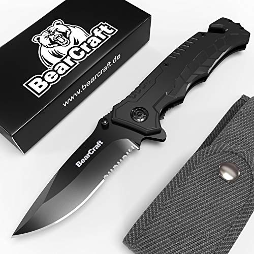 BearCraft Cuchillo Plegable Negro con **E-book Gratuito** | Navaja de Bolsillo Filosa para Supervivencia con Filo Dentado | Pequeño Cuchillo de Mano con Hoja de Acero Inoxidable y Caja de Aluminio