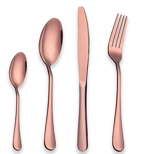 Berglander Cubiertos Set 24 Piezas, Acero Inoxidable Con Titanio Rosa Chapado en Oro, Juego de Cubiertos de Color Cobre, Lujo para Bodas, Fiestas, Servicio de Cubiertos para 6