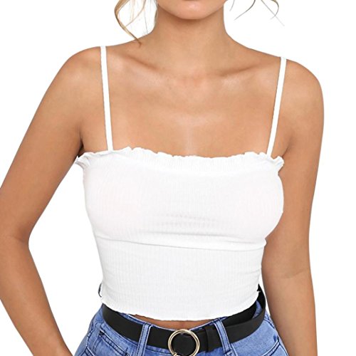 Blusa Sexy Mujer Deportiva Mujer Verano Volantes sin Mangas Chaleco con Hombro Halter Blusa Camiseta Camis Crop Top (Blanco, M)