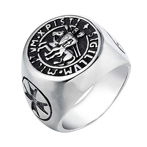 BOBIJOO JEWELRY - Anillo Anillo De Hombre De Acero Sello Templario Cristo De La Cruz Anillo Sigillum Militum Millitum - 17 (8 US), Acero Inoxidable 316