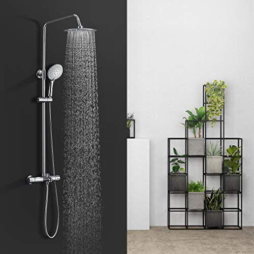 BONADE Columna de Ducha Termostática 38 °C con Grifo para Bañera, Conjunto de Ducha Redonda para Baño con 3 Funciones Ducha de Mano y Barra Altura Ajustable (83-113 cm)