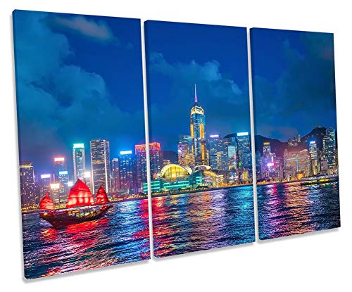 Canvas Geeks Lienzo Decorativo para Pared, diseño de árbol de Hong Kong de Victoria Harbour, Color Azul, 90cm Wide x 60cm High