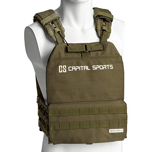 CAPITAL SPORTS Battlevest 2.0 Chaleco de pesas - 4 placas de pesas: 2x 5.75 lbs y 2x 8.75 lbs, alta comodidad y óptima distribución del peso gracias a su acolchado grueso, color verde oliva.