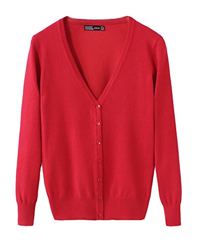 Cárdigan Mujeres Chaqueta de Punto Básico de Manga Larga con Botones Rebecas Rojo 3XL