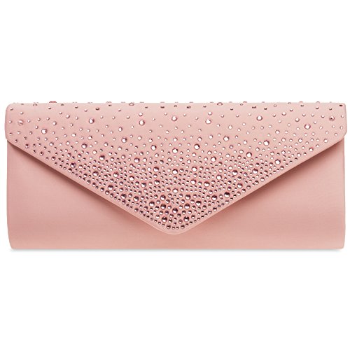 Caspar TA422 Bolso de Mano Fiesta para Mujer Clutch Largo de Satén con Estrás, Color:rosa antiguo, Talla:Talla Única