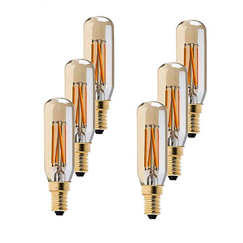 Century Light-4W Bombilla de filamento LED regulable, 2200K Super Warm White, Candelabro (E14) Base, T8 (T25) Forma de tubo corto, 30 vatios, bombilla de tinte dorado equivalente, no regulable-6pack