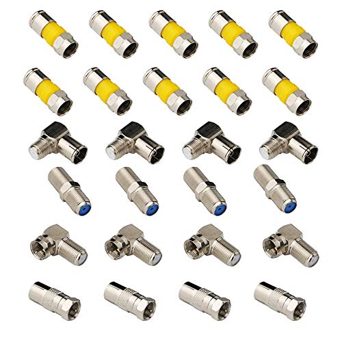 CESFONJER 26 Pcs Conector para Cable Coaxial, RG59 RG6U Cable Coaxial Adaptadores, Conectores F, Adaptador de Ángulo (para Conexión de Antena IEC, Cable Satélite) (hasta 7,8 mm)