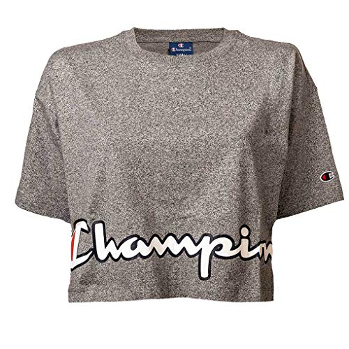 Champion Camiseta para Damas - Cuello Redondo, Crop-Top, Uni, Logo-Print, Manga Corta Gris XL (X-Large)