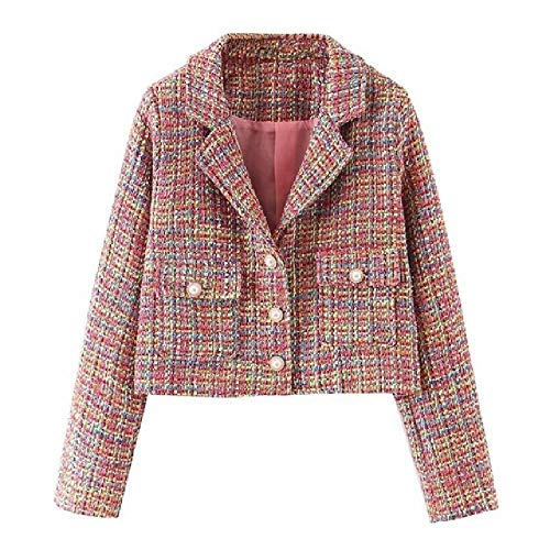 Chaqueta Retro a Cuadros de Perlas de Color Mixto Chaqueta a Cuadros de Lana de Cintura Alta Una línea Mini Faldas Cortas Trajes de Manga Larga Conjunto de 2 Piezas