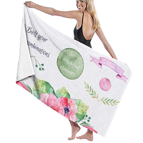 chillChur-DD Bath Towel Conjunto de Flores de Vector Colección Floral Colorida con Hojas y Flores Dibujo Acuarela Toalla de baño SPR Hotel de Cinco Estrellas Calidad. Suave, Felpa, 80X130Cm