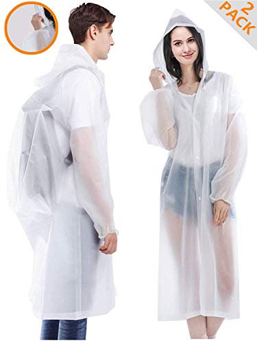 Chubasqueros Impermeable, Hauserlin 2 de Paquete Poncho de Lluvia Impermeable Reutilizable con Capucha y Mangas, Unisex EVA Poncho para Viajes, Excursionismo y Exteriores 160-190cm - Transparente