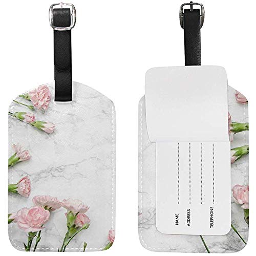 Conjunto de etiquetas de equipaje de viaje de cuero de mármol blanco de clavel Conjunto de etiquetas de maleta de bolsa de PU personalizadas divertidas con tarjeta de identificación de cable de correa