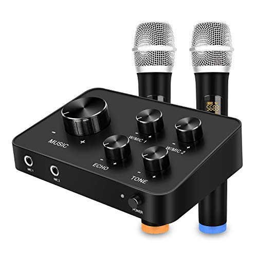 Conjunto de sistema de mezclador de micrófono de karaoke portátil, con micrófono inalámbrico dual UHF, entrada y salida HDMI y AUX para karaoke, Cine en casa, Amplificador, Altavoz