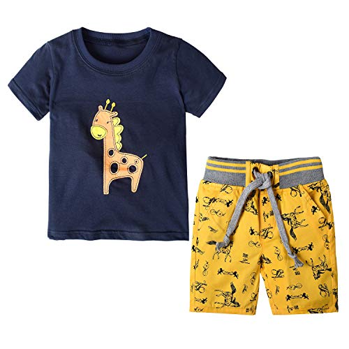 Conjuntos geniales para niños pequeños Ropa de Verano Camiseta con Estampado de Caballo de Manga Corta Pantalones Cortos Juego de 2 Piezas (Negro/Amarillo, 4-5 años)