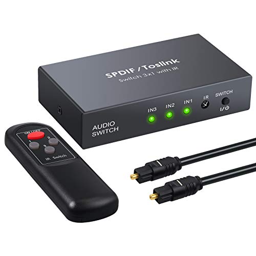 Conmutador Audio Digital 3 Entradas 1 Salida Switch Optico Toslink Comutador SPDIF con Mando Soporte LPCM2.0 DTS Dolby-AC3 para PS3 Xbox VHS Blue-Ray DVD HDTV Barra de Sonido Amplificadores