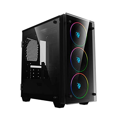 CoolBox DeepRainbow – Caja gaming pc micro-ATX/mini-ITX, iluminación ARGB con controlador, ventana lateral de cristal templado con bisagra, incluye 3 ventiladores, compatible con refrigeración líquida