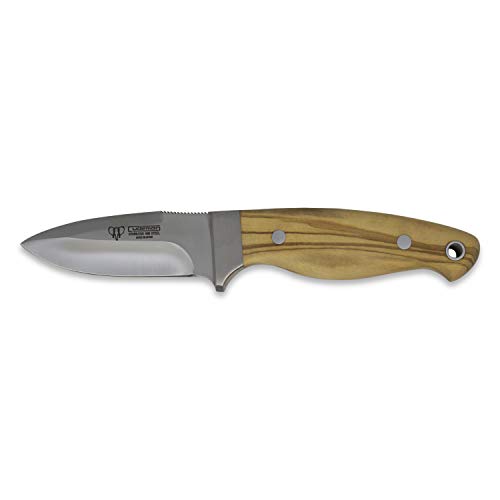 Cudeman Cuchillo de Caza 224-L con Mango de Olivo, Largo Total de 22 cm, Hoja de 10,5 cm, Incluye Funda de Cuero marrón