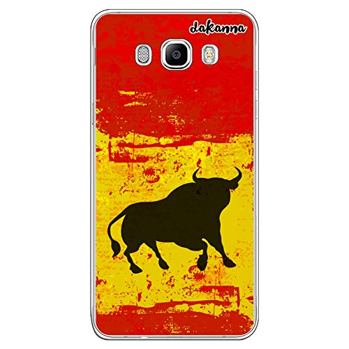 dakanna Funda Compatible con [Samsung Galaxy J7 2016] de Silicona Flexible, Dibujo Diseño [Bandera españa con Toro], Color [Borde Transparente] Carcasa Case Cover de Gel TPU para Smartphone