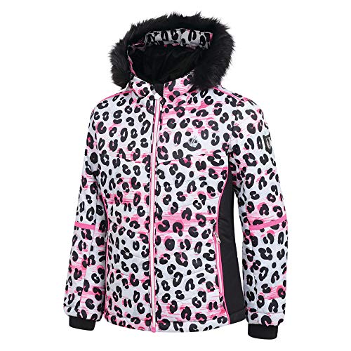 Dare 2b Elusive Waterproof Breathable High Loft Insulated Ski Snowboard Jacket with Faux Fur Hood and Snowskirt Chaqueta, Niñas, Leopardo Blanco, 11-12 años