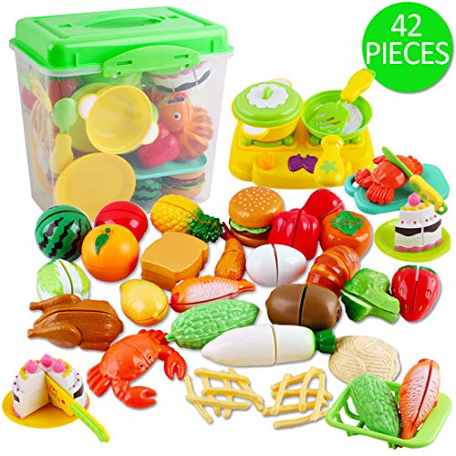 deAO Juego de Comida, Frutas y Verduras para Cortar Conjunto Infantil de Imitación Accesorios de Cocina de Juguete Actividad Educativa 42 Piezas y Caja de Almacenaje