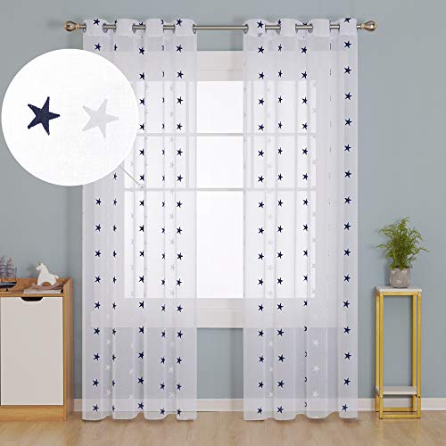 Deconovo Visillos Infantiles para Ventanas Cortina Translúsida para Dormitorio y Salón con Ojales 2 Piezas 140 x 280 cm Azul Marino