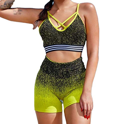 D.M. Conjunto Deportivo para Mujer en Tejido Jacquard Shorts Pantalones Cortos Y Top Sujetador Sports Bra (Limon, S)