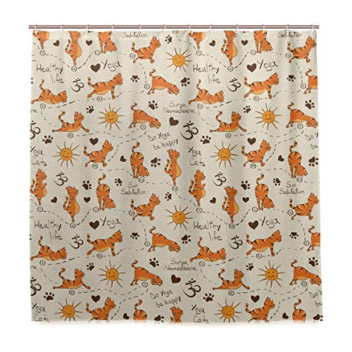 DYCBNESS Cortina de Ducha,Do Yoga Be Happy Theme Gatos anaranjados en Posiciones Sonriendo Soles Patas Estampados Corazones,Resistente al Agua Durable Baño Impermeable,180 x 180 cm