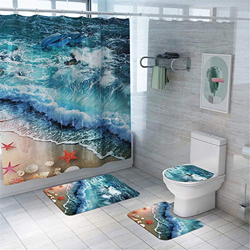 Enhome Juego de 4 Piezas de Alfombra de baño Antideslizante + Tapa de Inodoro + Alfombrilla de baño + Cortina de Ducha, Mundo de los Fondos Marinos (Starfish E)