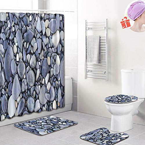 Enhome Juego de Alfombras de Baño 4 Piezas 3D Impresión con Impermeable Cortinas de Ducha, Alfombrilla de Baño, Funda Tapa de Inodoro y Alfombra de U Forma (Grises Guijarros,Pequeña)