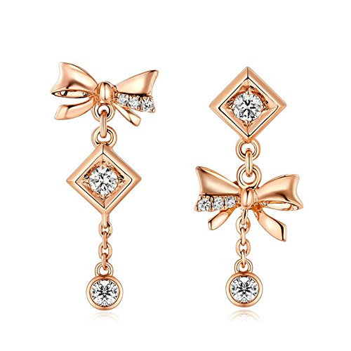 Epinki Oro 18K Mujer Pendientes de Diamantes Arco-nudo Cuadrado Forma Colgante Semental Elegante Pendientes Mujer Rose Oro con Brillantes Diamantes