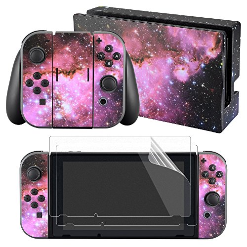 eXtremeRate Conjunto Completo de Pegatinas Cubierta Adhesiva Protectora de Piel Kit de protección para Consola Joy-con Radiador de Nitendo Switch con 2 Protectores de Pantalla Galaxia Violeta