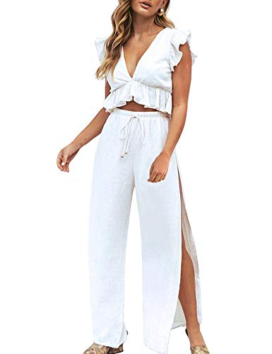 FANCYINN 2 Piezas Mujer Conjunto Fiesta Playa Verano Pantalon y Top Mono Blanco