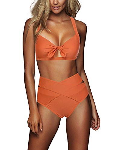 FeelinGirl Cruz Estilo Marino Dos Piezas Conjunto de Bikini para Mujer Traje de Baño Sexy Lazo-Naranja M:Talla-40