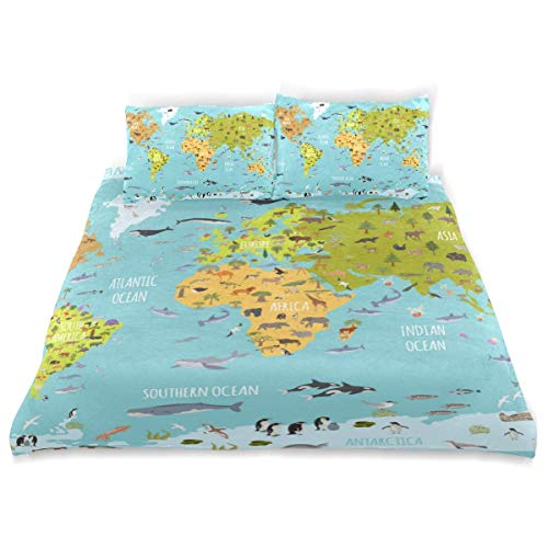 Flat Duvet Cover Set Flat World Flora Fauna Map Constructor Design Ropa de cama Decoración 3 juegos de PC 1 Edredones Fundas con 2 Funda de almohada Juego de ropa de cama de microfibra Dormitorio Deco