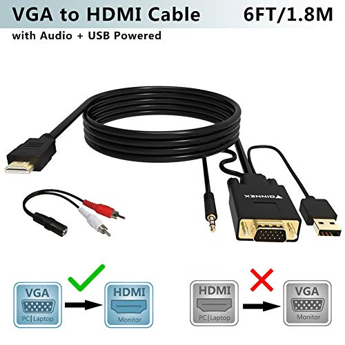 FOINNEX Cable VGA a HDMI Adaptador con Audio (Convertidor de PC Antigua a TV/Monitor con HDMI Hembra Conversor) Activo Hacer Conector VGA to HDMI Macho 1080P Video y Sonido para Laptop,Proyector, 1.8M