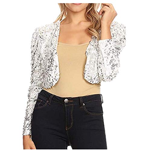 Freebily Bolero Fiesta Mujer de Mangas Largas Lentejuelas Talla Grande Chaqueta Corta Primavera Otoño Torera Elegante Cárdigan Elegante Blazer Plata Tamaño Libre