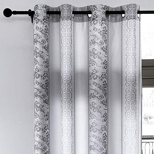 Frenessa Juego de 2 Cortinas Jacquard Bordadas para Dormitorio Salón Habitación Comedor con Ojales, Decoración de Ventana Semiopacas 2 Paneles 140 x 260 cm, Diseño Geometría Gris Plateado