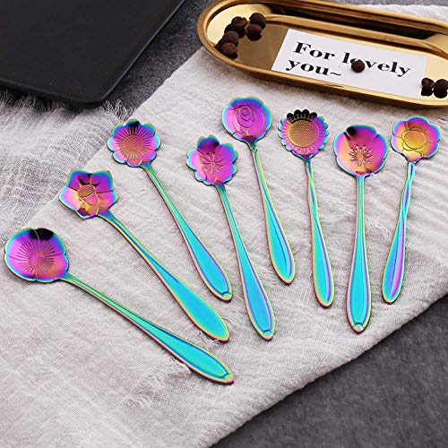 FRFJY Flor Cuchara Juego, Acero Inoxidable Cucharita de Colores Cucharilla de Café Cuchara de Té Cuchara para Mezclar Azúcar Cuchara, Conjunto de 8, Arcoiris - Mezcla Color